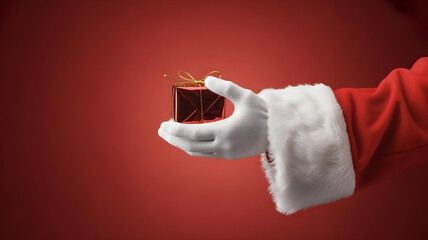 Santa Claus Hands Holding Christmas Gift Box on Red Background