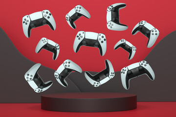Colorful gaming controllers joystick levitating over podium against abstract background, minimalist concept device on pedestal