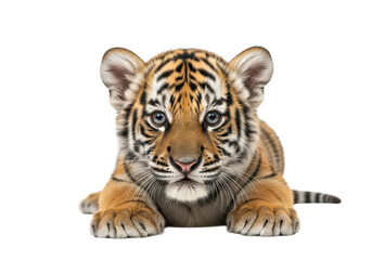 Fototapeta premium Adorable tiger cub with striking orange and black stripes lying down on transparent background