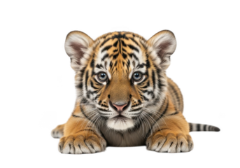 Adorable tiger cub with striking orange and black stripes lying down on transparent background