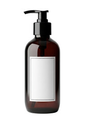Fototapeta premium Dark brown glass pump bottle with blank white label on transparent background