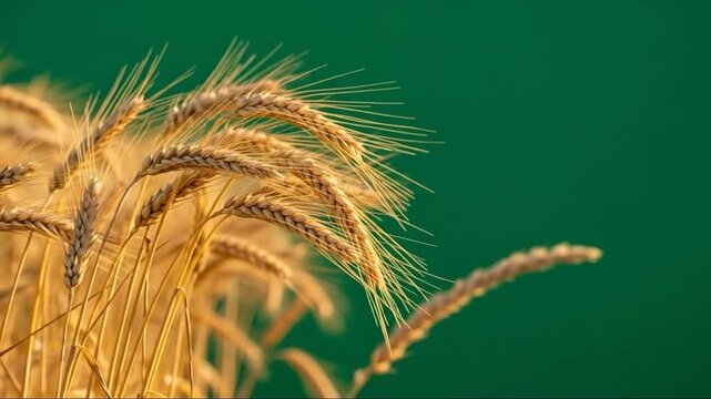 Golden wheat fields swaying gently against a vibrant green background on a sunny day