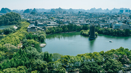 Obraz premium Guilin City Aerial View with Karst Mountains and River