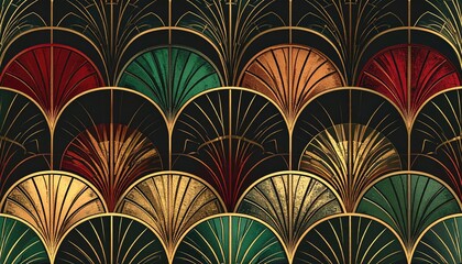 Elegant Art Deco Geometric Fan Pattern with Rich Colors and Gold Accents.