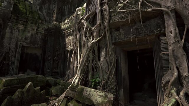 Large tree roots spreading across Ta Prohm temple entrance in dense jungle, descend medium establish details