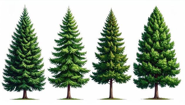 Collection of four distinct evergreen coniferous trees illustration.