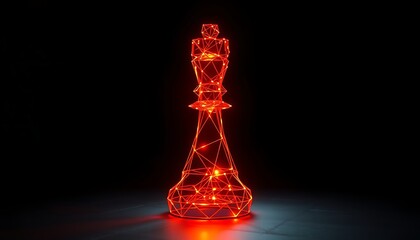 Red wireframe chess king with internal glowing nodes on a dark reflective surface game strategy