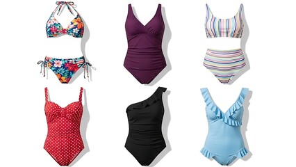 Swimsuits collection various styles and patterns on white