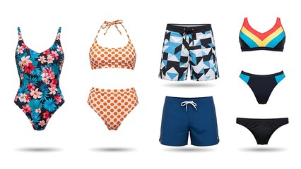 Swimwear collection assorted swimsuits and shorts on white
