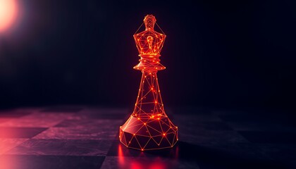 Red wireframe chess king illuminated with glowing nodes against a dark background game strategy