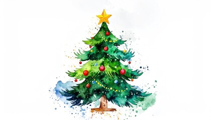 Beautiful Watercolor Christmas Tree Decorated with Ornaments and Lights.
