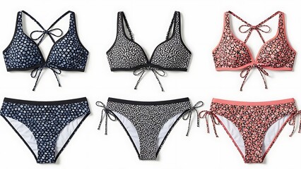 Swimwear sets assorted patterns and designs on white backdrop