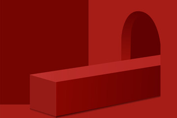 Abstract Red 3D Geometric Podium with Arch for Product Display and Luxury Background, presentation cosmetic product, vector illustration 

