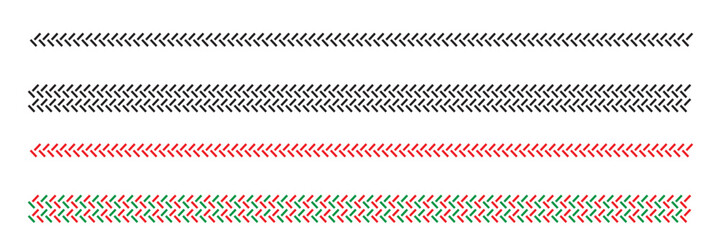 Embroidery stitch pattern sampler. Collection of decorative embroidery and sewing stitches arranged in vertical rows, showing  handmade patterns for textile, craft, and design inspiration.

