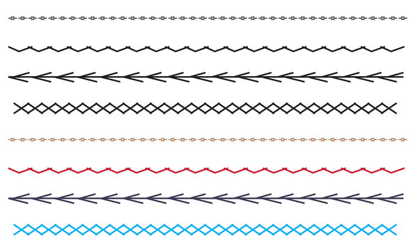 Embroidery stitch pattern sampler. Collection of decorative embroidery and sewing stitches arranged in vertical rows, showing  handmade patterns for textile, craft, and design inspiration.

