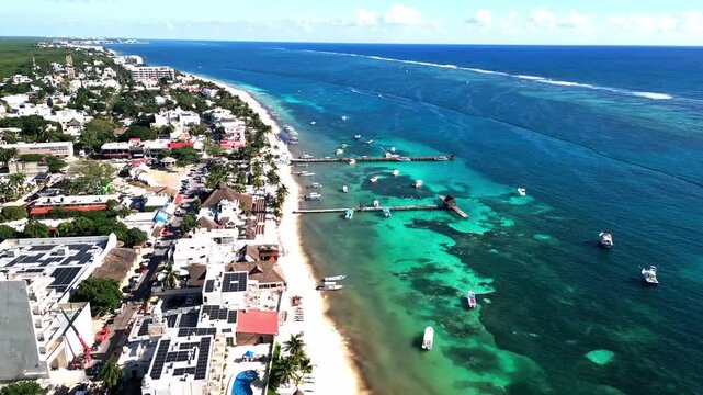 The Puerto Morelos Pier (Muelle Pescadores) In Quintana Roo, Mexico. Aerial Drone Shot