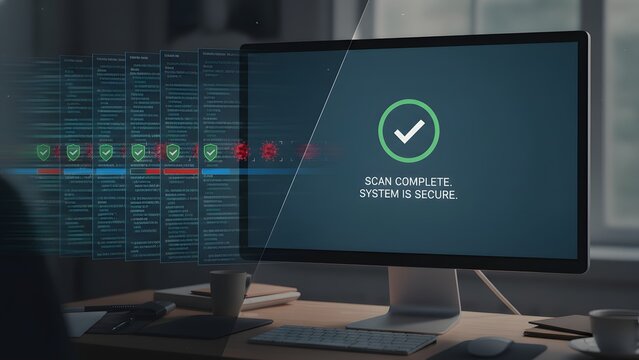 Computer Monitor Showing System Update Completion Screen. - Powered by Adobe