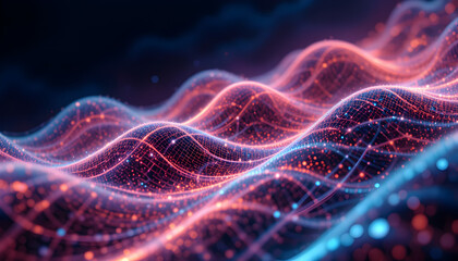 Vibrant digital waves of light in red and blue hues