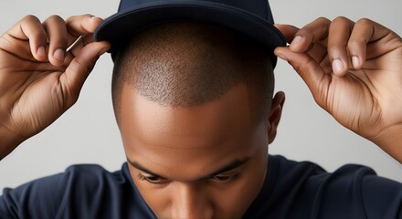 Young black man adjusting baseball cap while looking down  