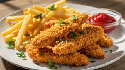 Crispy fried chicken strips served with french fries and ketchup
