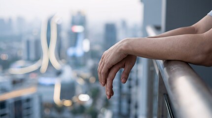 Photorealistic lifestyle image expressing calm reflection in a modern urban environment. Suitable for future living and lifestyle branding