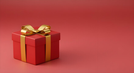 Obraz premium Luxury Red Gift Box with Gold Ribbon and Bow on Red Background with Copy Space