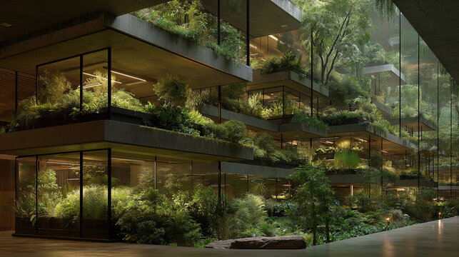 Modern indoor vertical garden design with multi-layer glass planters and lush greenery, creating fresh ecological wall