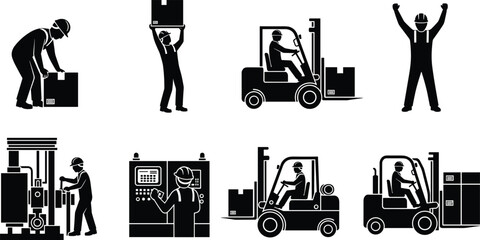 Industrial workers and forklift operation icons, factory labor activities, warehouse logistics process, manufacturing safety pictograms, flat black silhouette vector illustration © SreeRupali