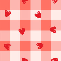 Abstract seamless cute modern geometrical pattern of chaotic small red hearts drawn with brush on checkered background; Valentine's Day background; simple vector hand-drawn illustration, flat style