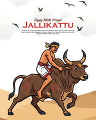 Jallikattu Festival Illustration with Bull Taming and Tamil Culture