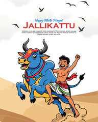 Jallikattu Festival Illustration with Bull Taming and Tamil Culture