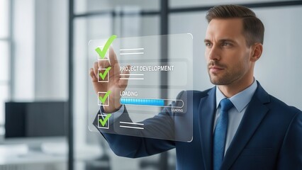 Confident and determined young businessman in a navy suit attentively interacting with a transparent digital interface displaying a project development checklist with green checkmarks and a loading