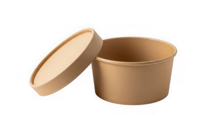 Brown paper container with removable lid isolated on transparent background