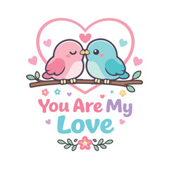 Fototapeta premium Cute Kawaii Love Birds Kissing On Branch Pastel Heart Background You Are My Love Valentine