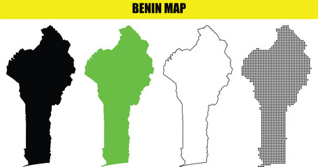 Benin Map Vector Collection with Black Silhouette, Green, Gray, and Outline Styles