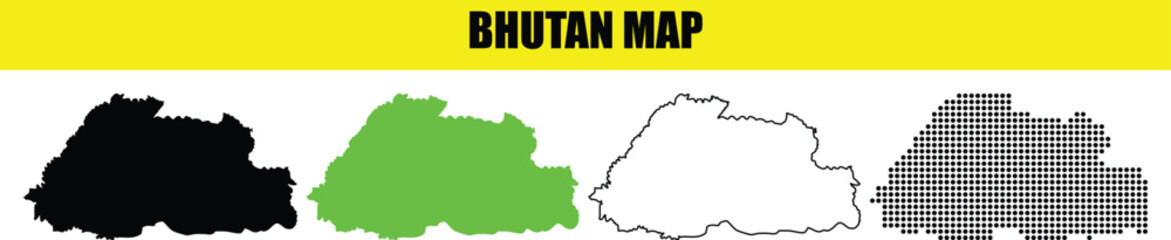 Bhutan Map Vector Set in Black, Green, Outline, and Gray