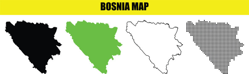 Vector Set of Bosnia and Herzegovina Maps in Outline, Black, Green, and Grey
