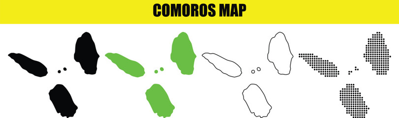 Comoros Islands Map Vector Graphic with 'COMOROS MAP' Text, Black, Green, Gray, and Outline Styles