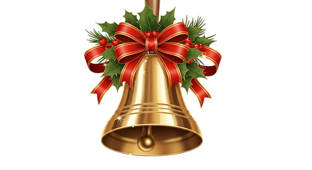 Golden christmas bell with holly and ribbon