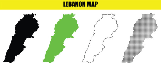 Vector Set of Lebanon Map in Black, Green, Outline, and Gray with 'LEBANON MAP' Text