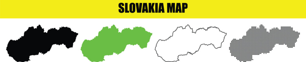 Slovakia Map Vector Graphics Collection in Black, Green, Grey, and Outline Styles with "SLOVAKIA MAP" Header.