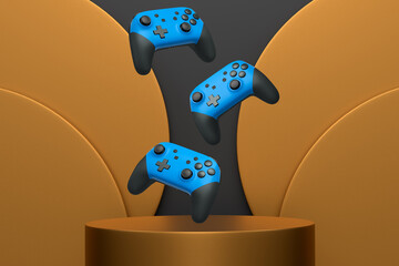 Colorful gaming controllers joystick levitating over podium against abstract background, minimalist concept device on pedestal