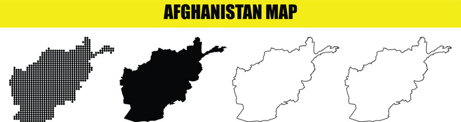Afghanistan Map Vector Collection with Silhouette and Outline Styles and 'AFGHANISTAN MAP' Text