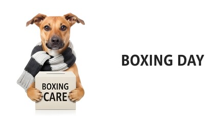 Cute Dog Wearing Striped Scarf Holding 'BOXING CARE' Box and 'BOXING DAY' Text Isolated