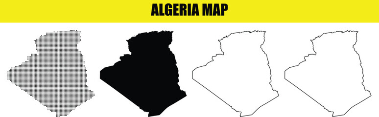 Vector set of diverse country map shapes and outlines in gray and black, with banner text 'ALGERIA MAP'