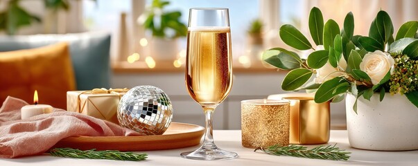 New year celebration scene with champagne glass, candles, gifts, and festive greenery on a cozy table