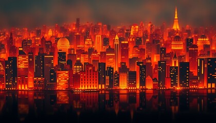 Vibrant orange cityscape skyline reflected in water at dusk urban buildings