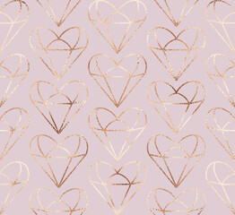 Geometric decorative seamless pattern with gold heart tiles.