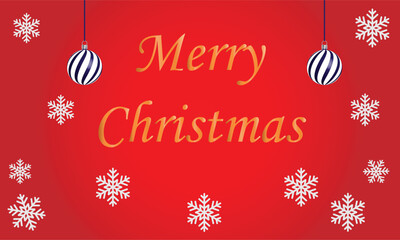 Naklejka premium Merry Christmas festive greeting card with red background, golden typography, hanging ornaments and white snowflakes, holiday celebration design banner