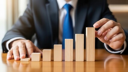 Focused and determined businessman in a dark suit and bright blue tie carefully constructing a growing bar graph made of natural wooden blocks on a polished wooden desk, illuminated by soft window